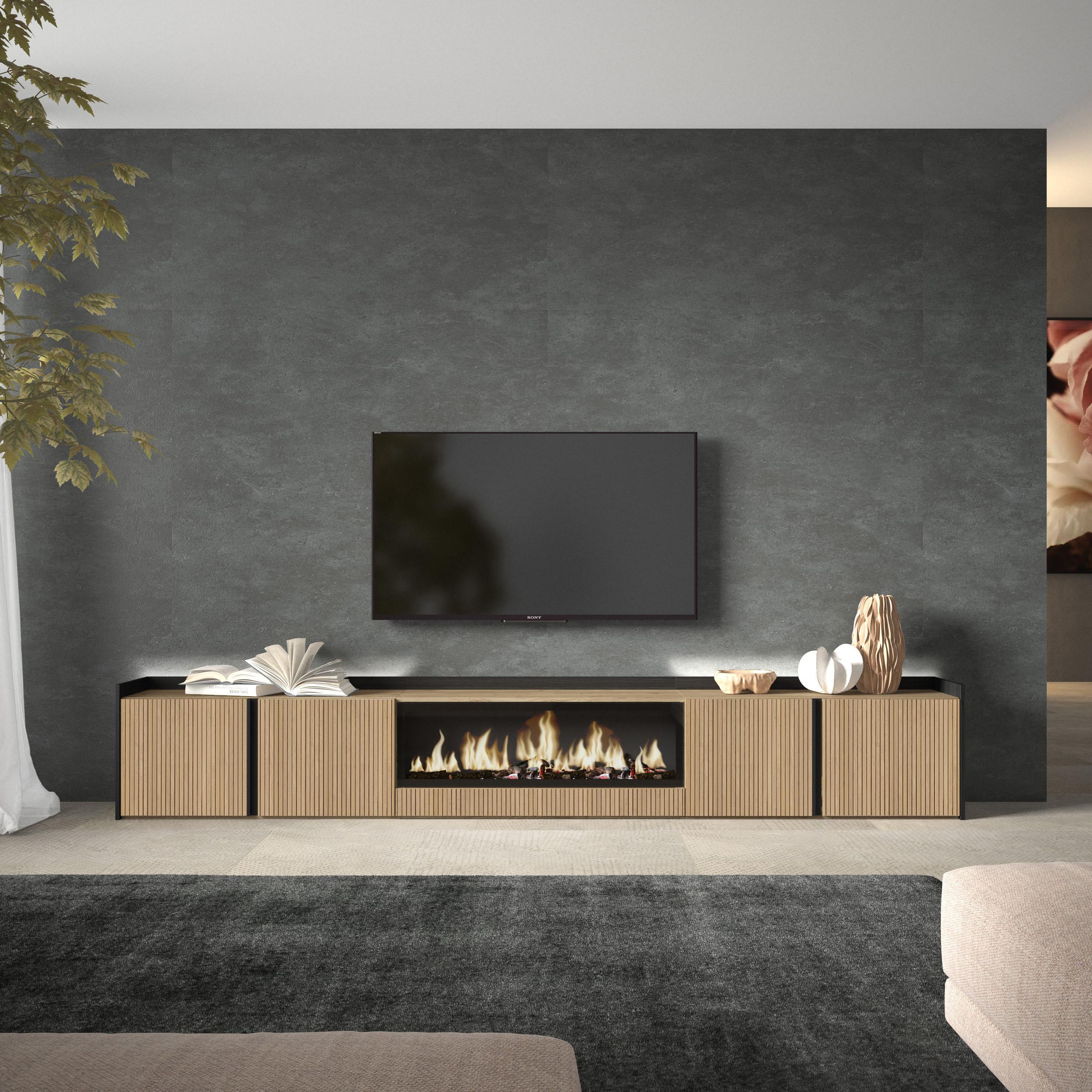 Meuble TV Led 315x50x35 cm Pour les TV jusqu'à 80" Cheminée électrique au centre XXL Chêne et noir