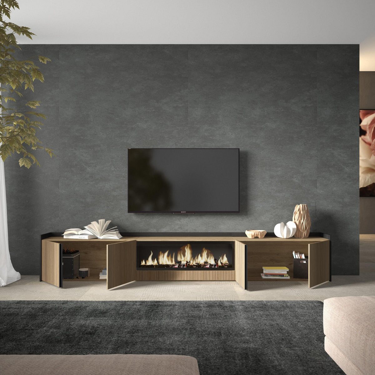 Meuble TV 315x50x35 cm Pour les TV jusqu'à 80" Cheminée électrique au centre XXL Chêne et noir