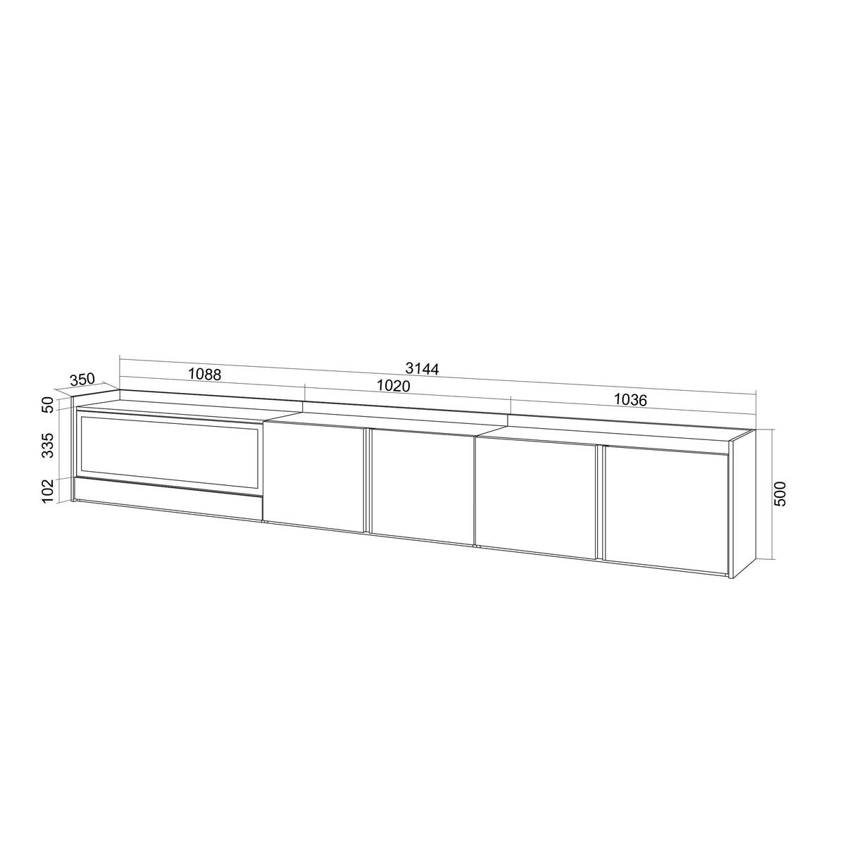 Meuble TV Suspendu Led 315x50x35 cm Pour les TV jusqu'à 80" Cheminée électrique à gauche XXL Mural Chêne et noir