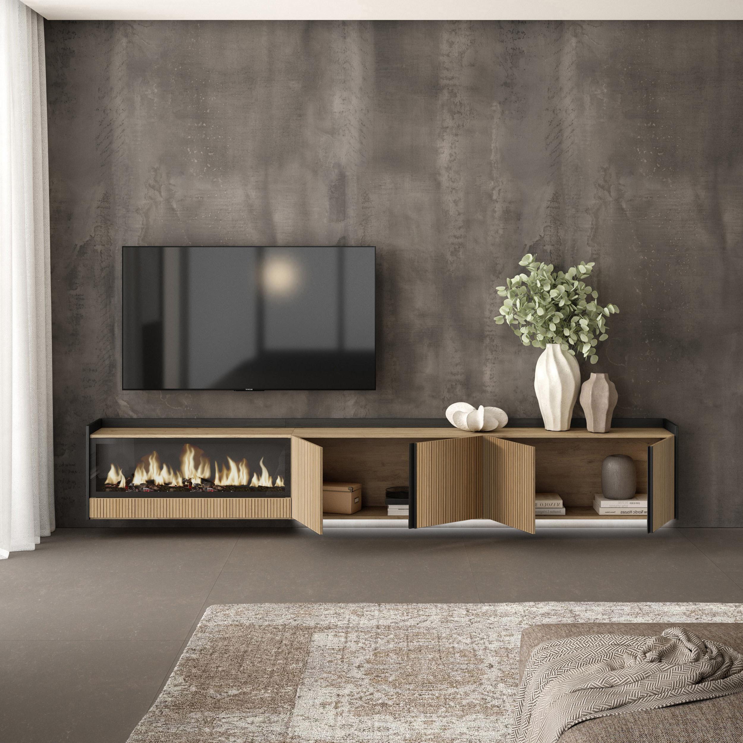 Meuble TV Suspendu Led 315x50x35 cm Pour les TV jusqu'à 80" Cheminée électrique à gauche XXL Mural Chêne et noir