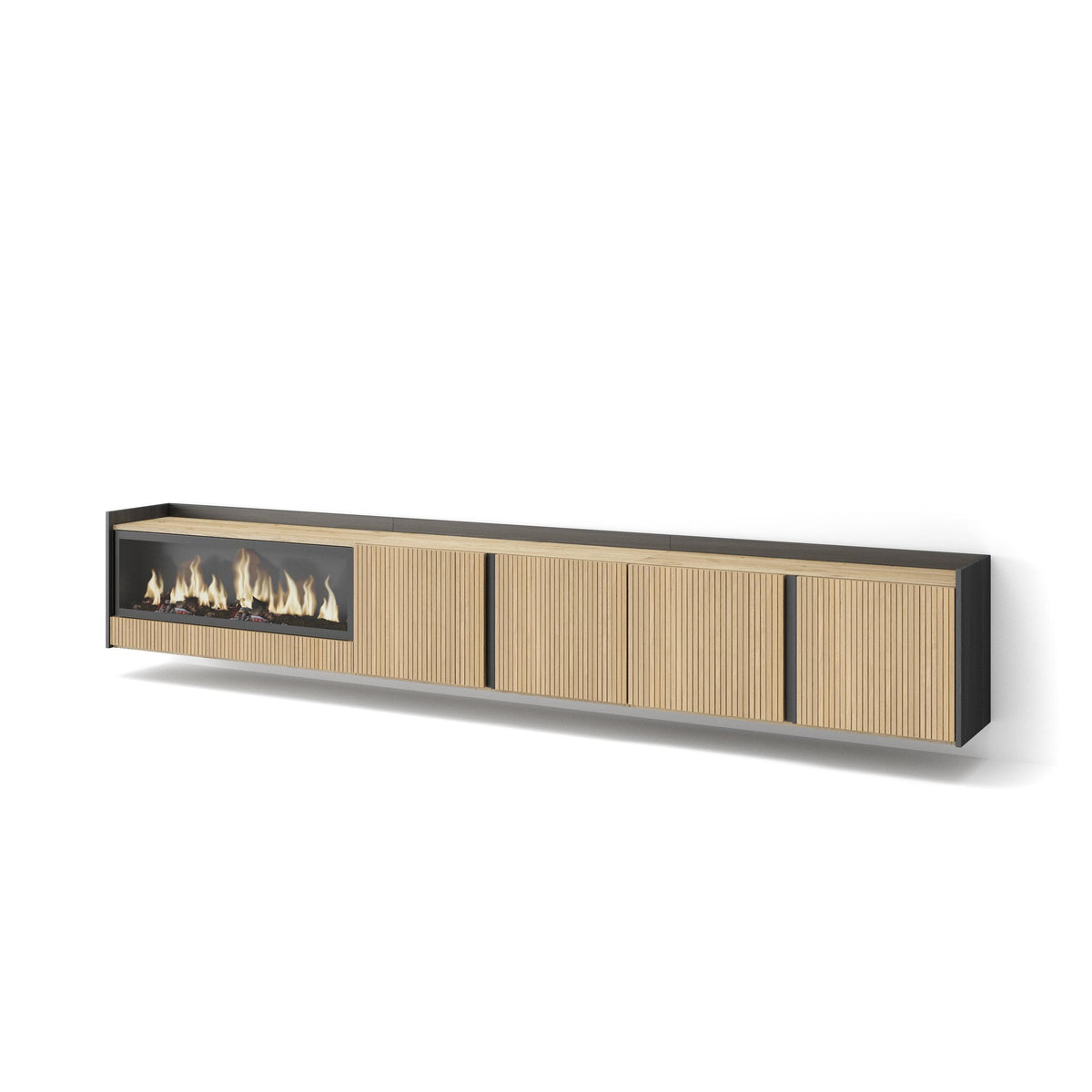 Meuble TV Suspendu 315x50x35 cm Pour les TV jusqu'à 80" Cheminée électrique à gauche XXL Mural Chêne et noir
