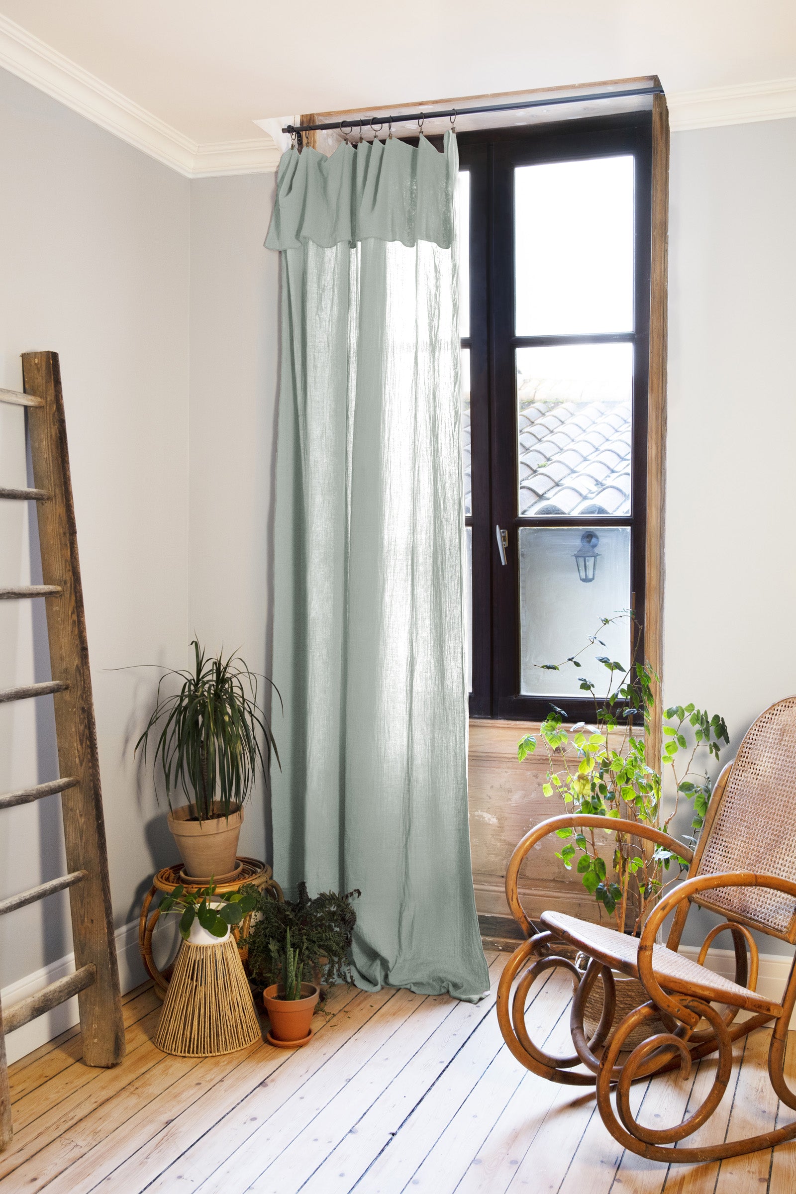 Rideau ajustable + 8 anneaux pince 140 x 300 cm Gaze de coton unie GAÏA Eucalyptus