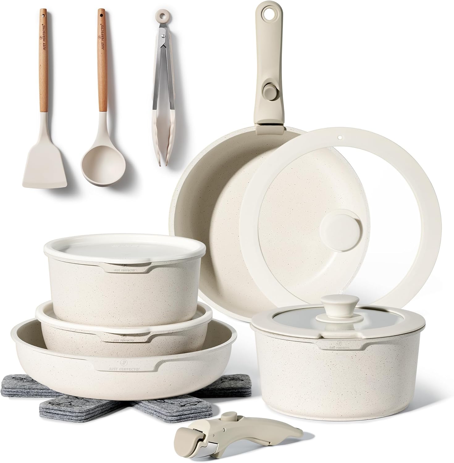 Batterie de cuisine 18 pièces avec poignées amovibles en Granit beige - Tous feux dont induction