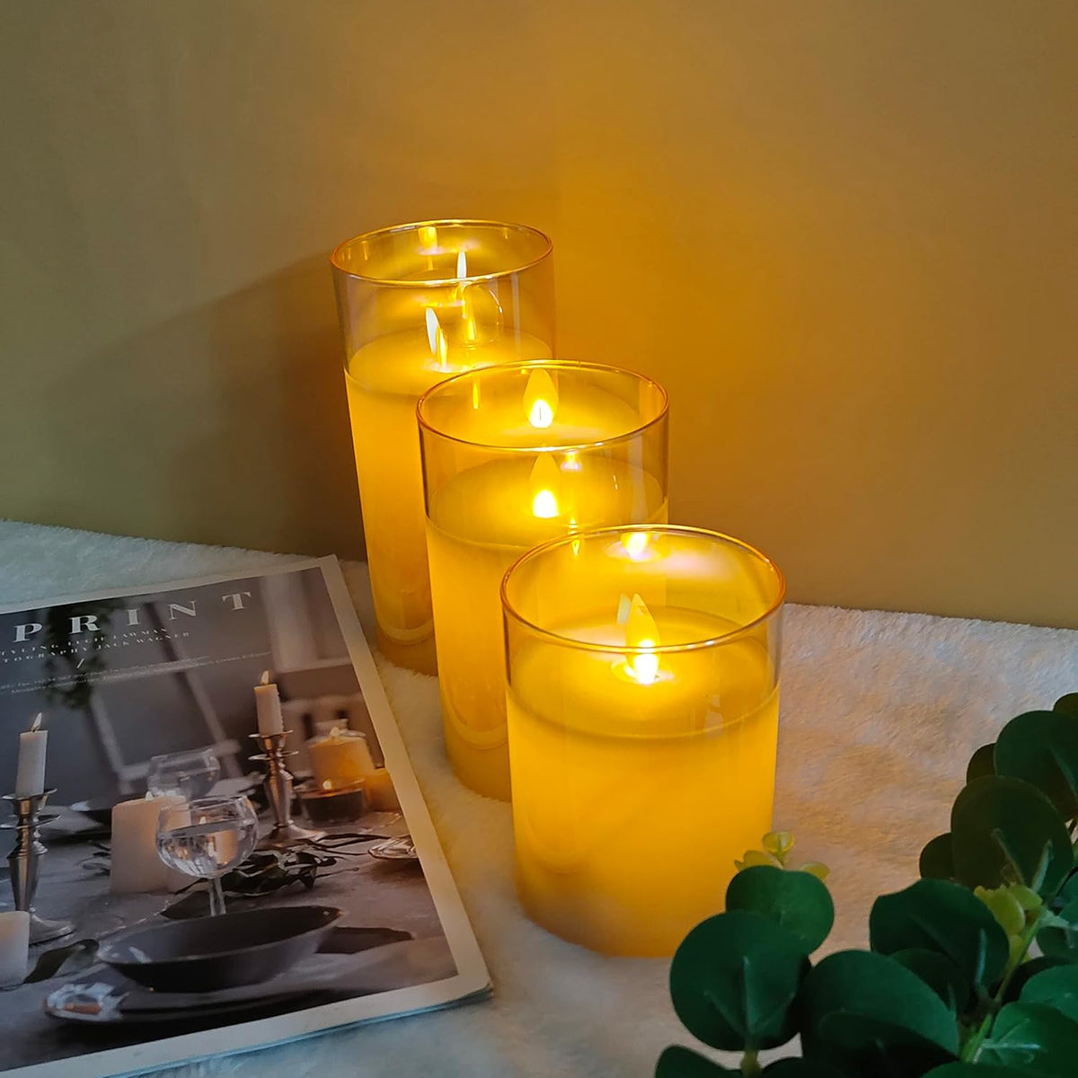 Lot de 3 Bougie LED en verre fumé - Doré