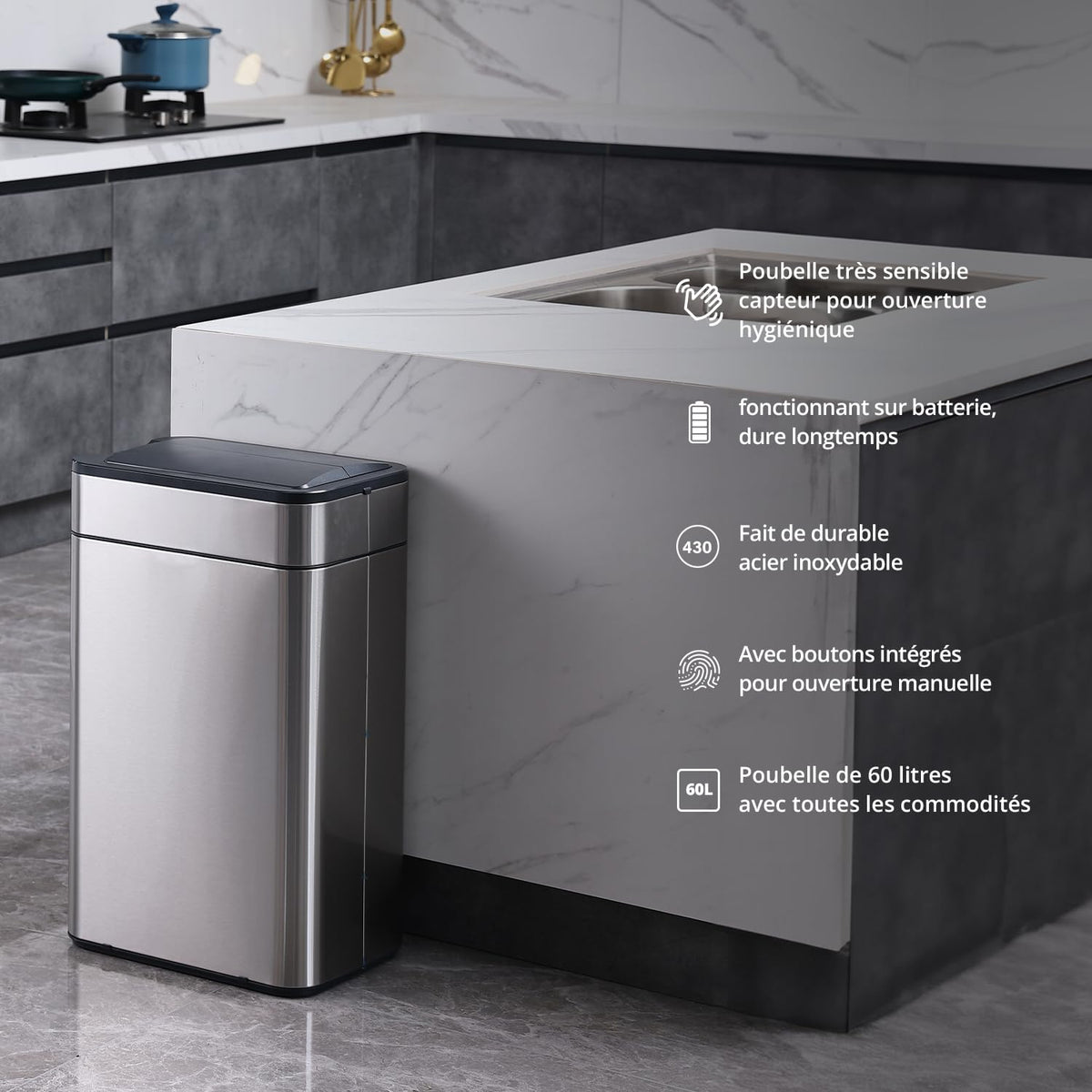 Poubelle Smart Sensor 60L argent