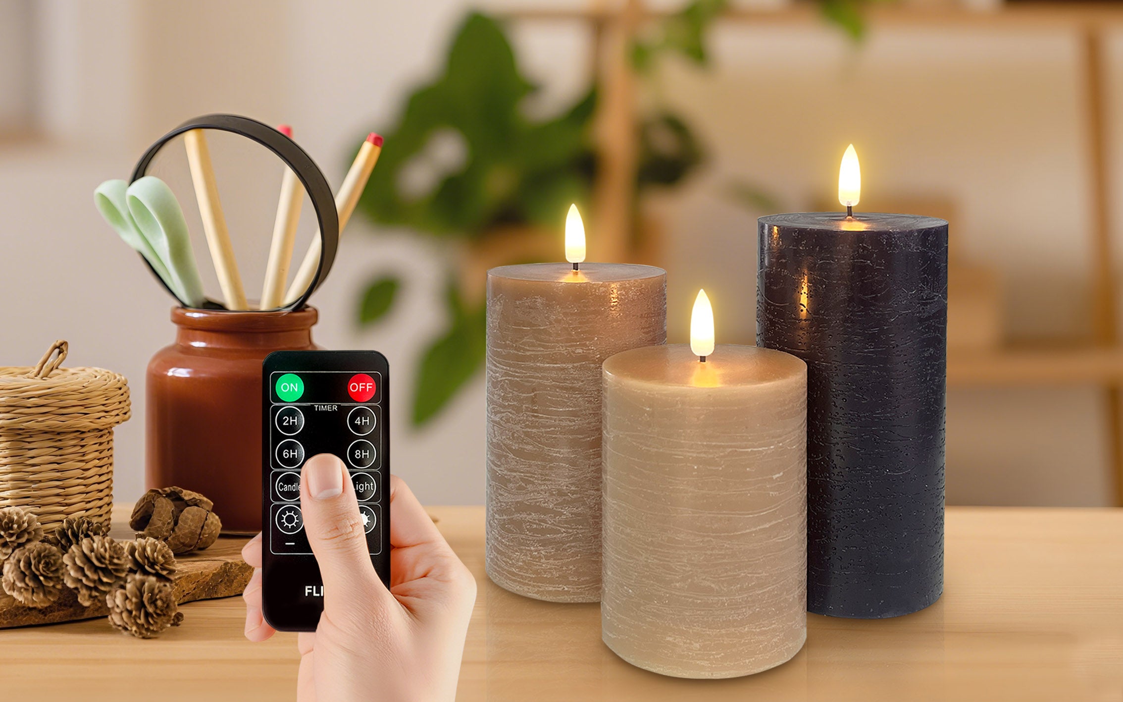 FlinQ - Ensemble de 3 bougies LED rechargeables à flamme vacillante - Télécommande incluse - Classiques Terre