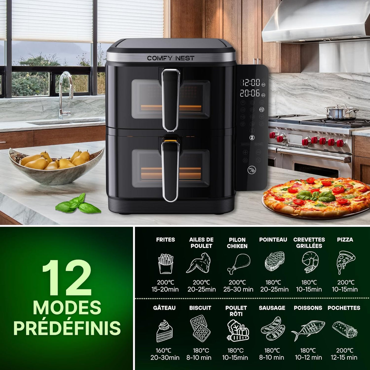 Friteuse à air chaud Air fryer double panier verticale avec fenêtre 11L 2800W