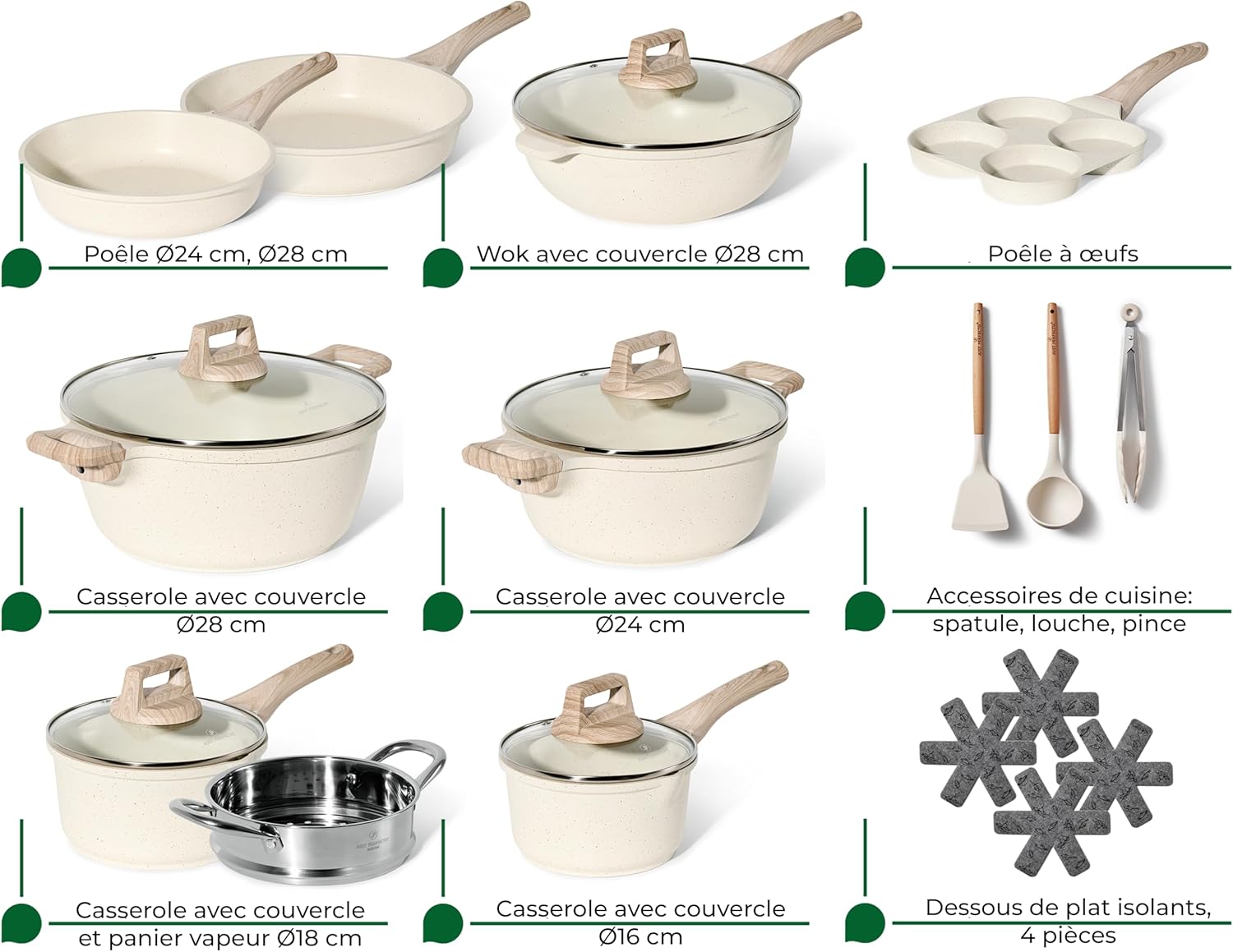 Batterie de cuisine 21 pièces antiadhésives en Granit beige - Tous feux dont induction