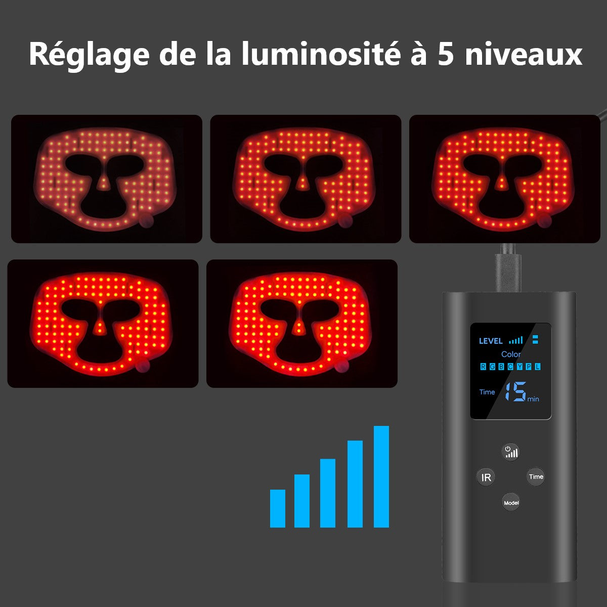 Masque LED visage 7 couleurs avec télécommande