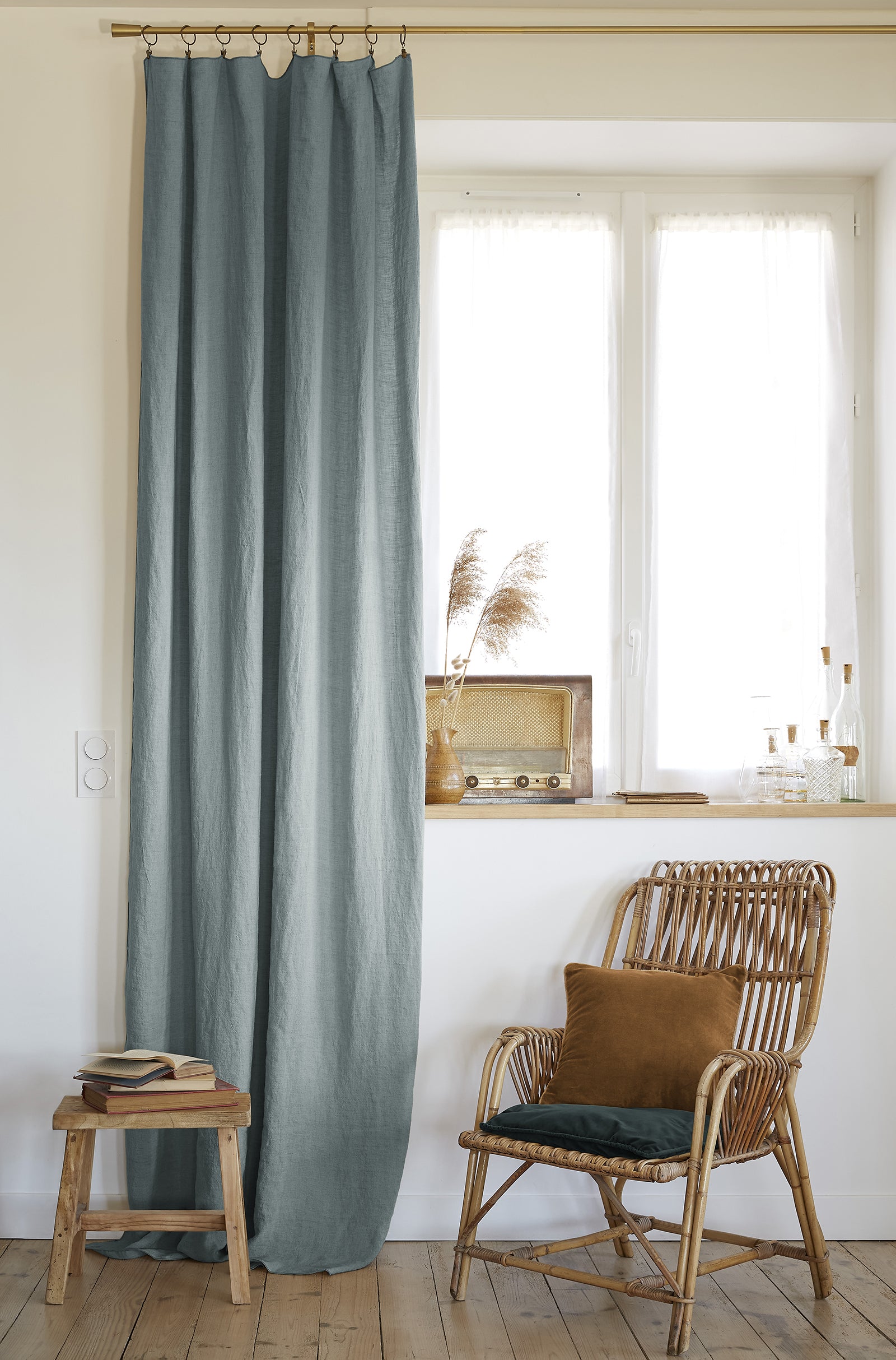 Rideau ajustable + 8 anneaux pince 140 x 270 cm Lin lavé SOLINE Azur