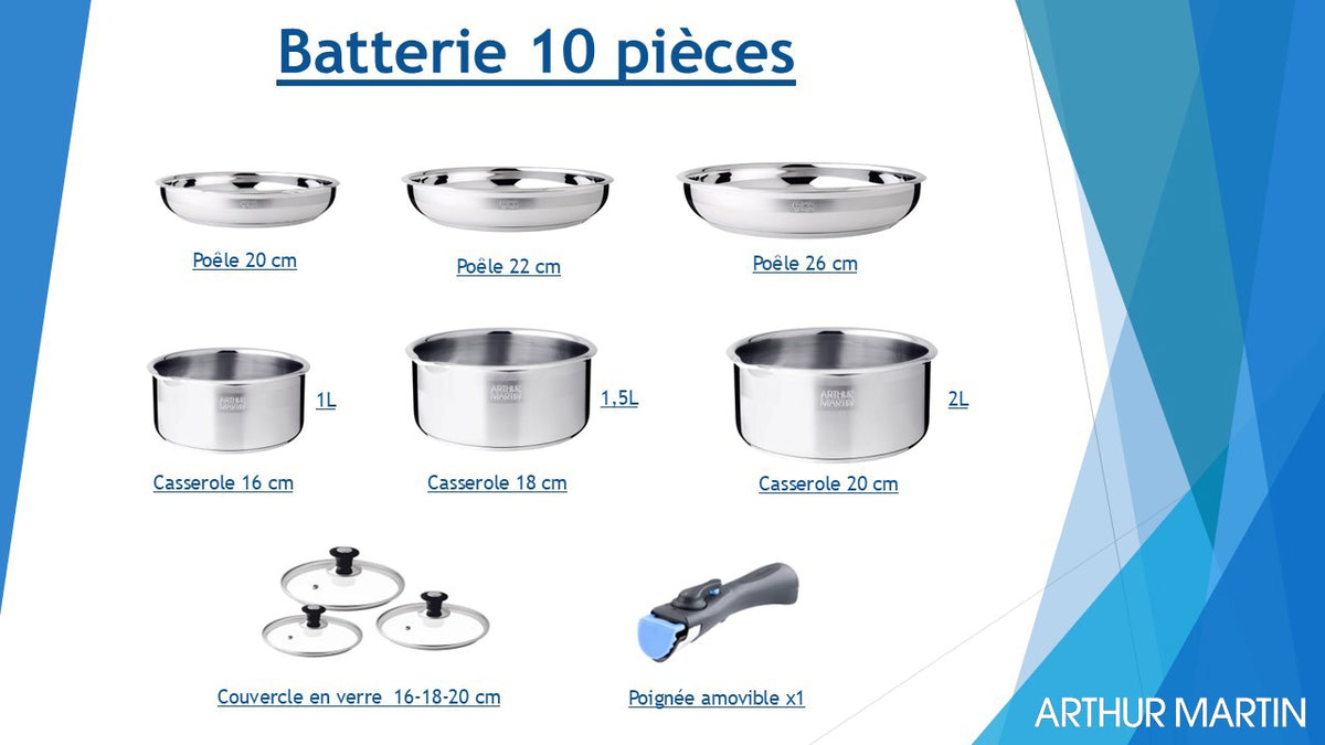 Batterie de cuisine 10 pièces tous feux dont induction acier inoxydable