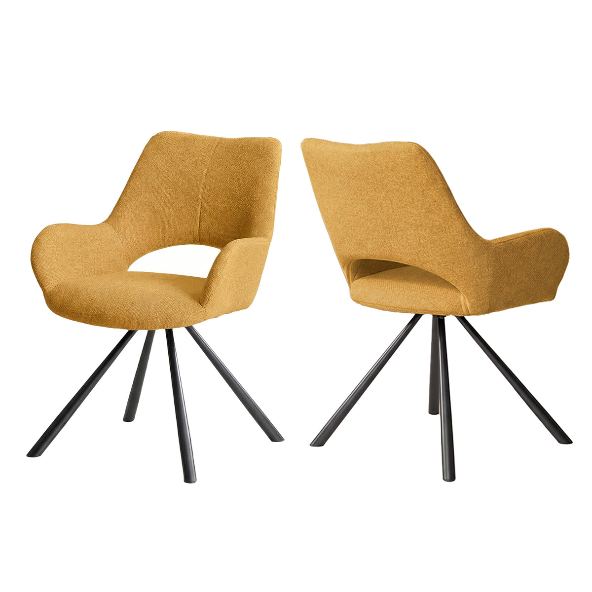 Beth - Ensemble de 2 chaises de salle à manger contemporaines en tissu jaune, pieds en métal jaune