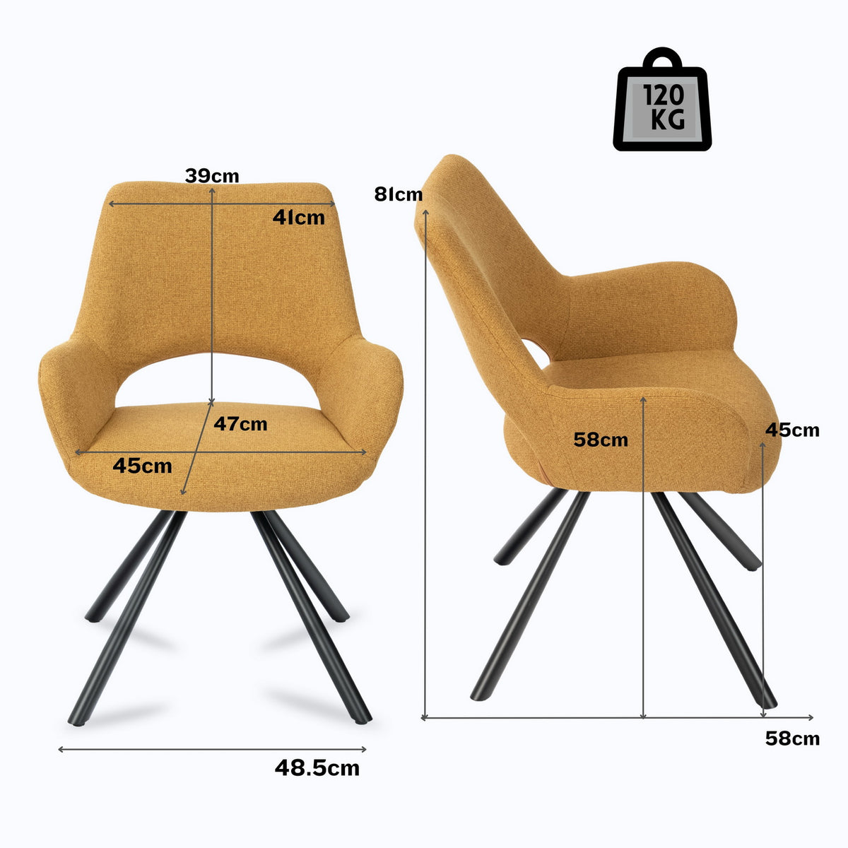 Beth - Ensemble de 2 chaises de salle à manger contemporaines en tissu jaune, pieds en métal jaune