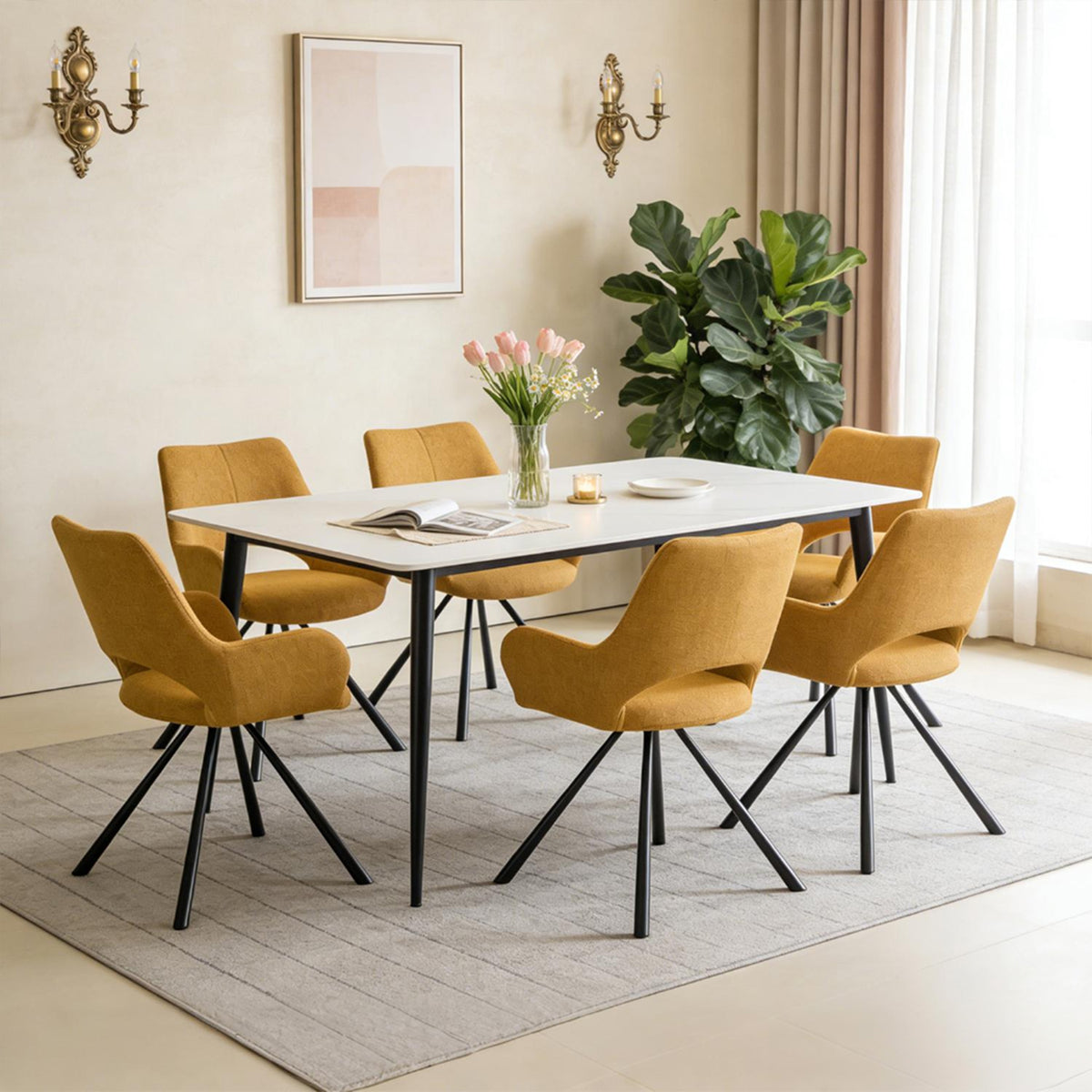 Beth - Ensemble de 2 chaises de salle à manger contemporaines en tissu jaune, pieds en métal jaune