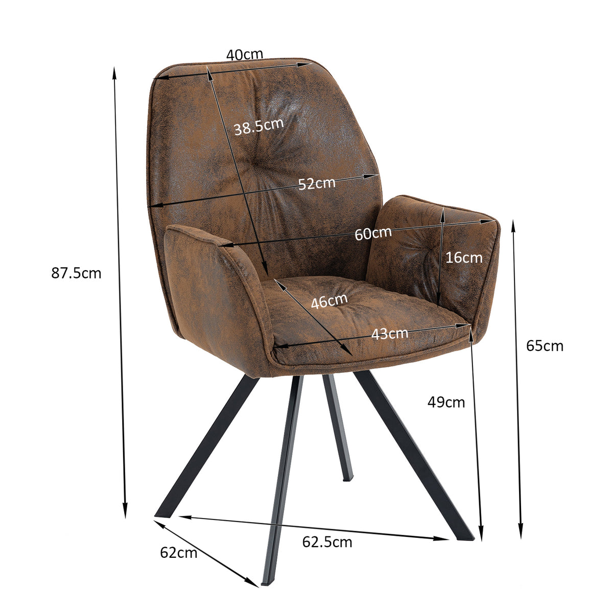 Ensemble de 2 chaises de salle à manger pivotantes 360° en suédine brune avec accoudoirs