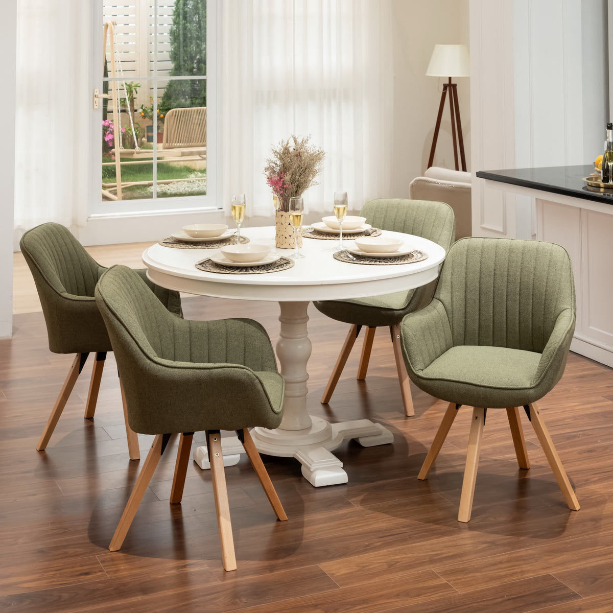 Carson - Chaise de salle à manger pivotante 360° en tissu vert avec accoudoirs et pieds en bois