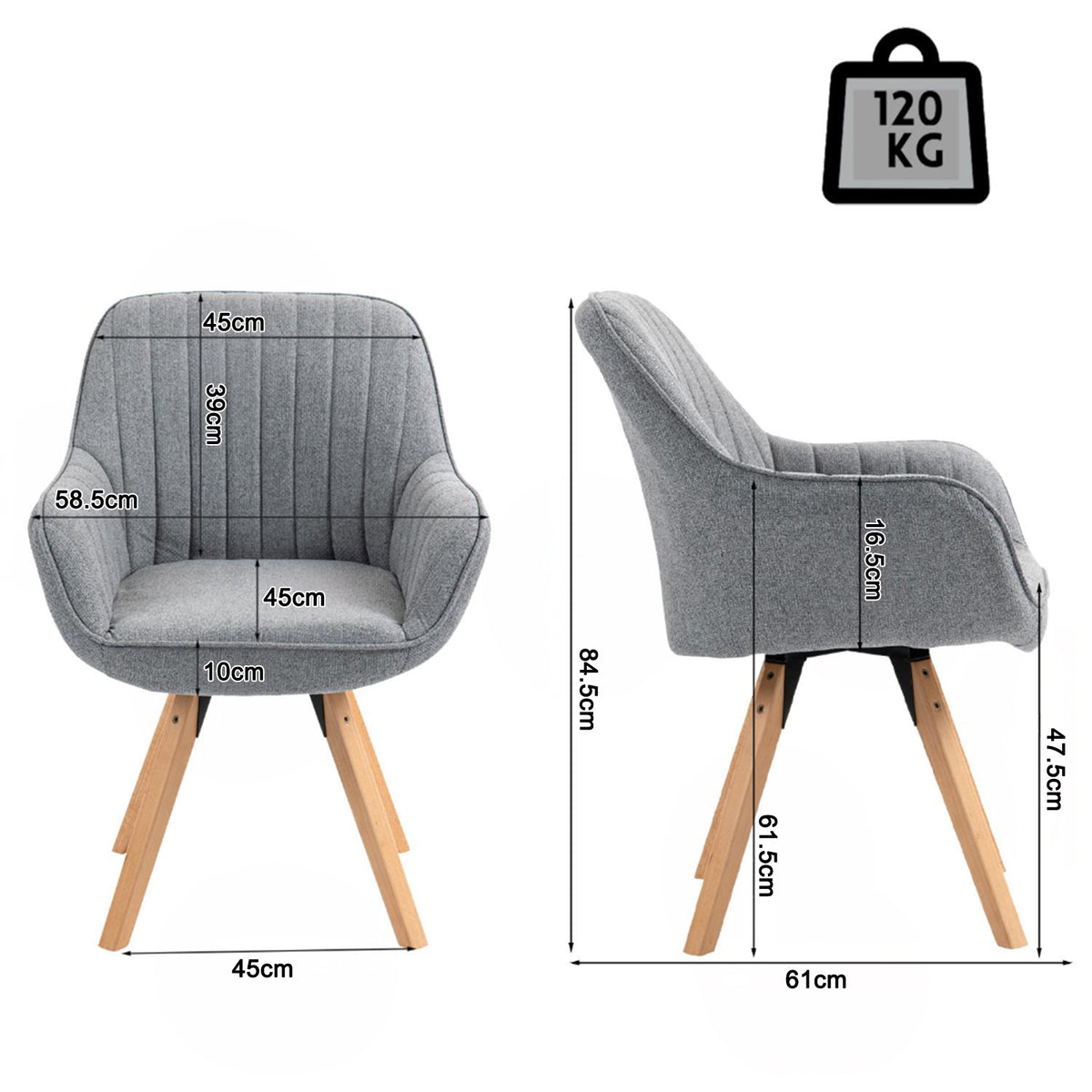 Carson - Chaise de salle à manger pivotante 360° en tissu gris avec accoudoirs et pieds en bois