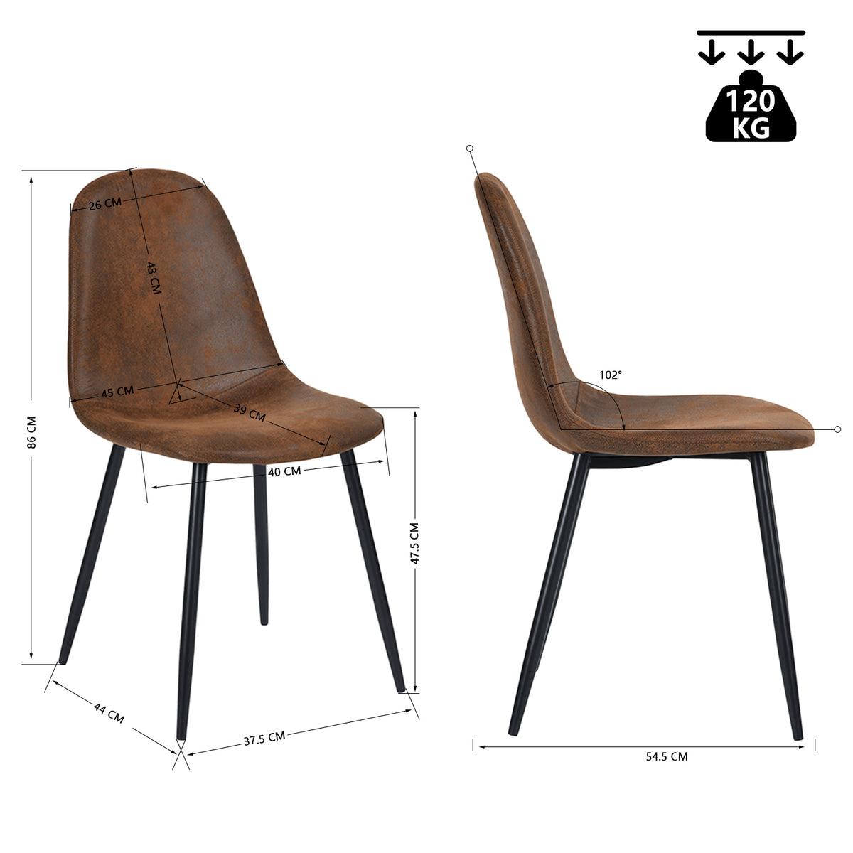 Charlton - Ensemble de 4 chaises de salle à manger industrielles en suédine brune