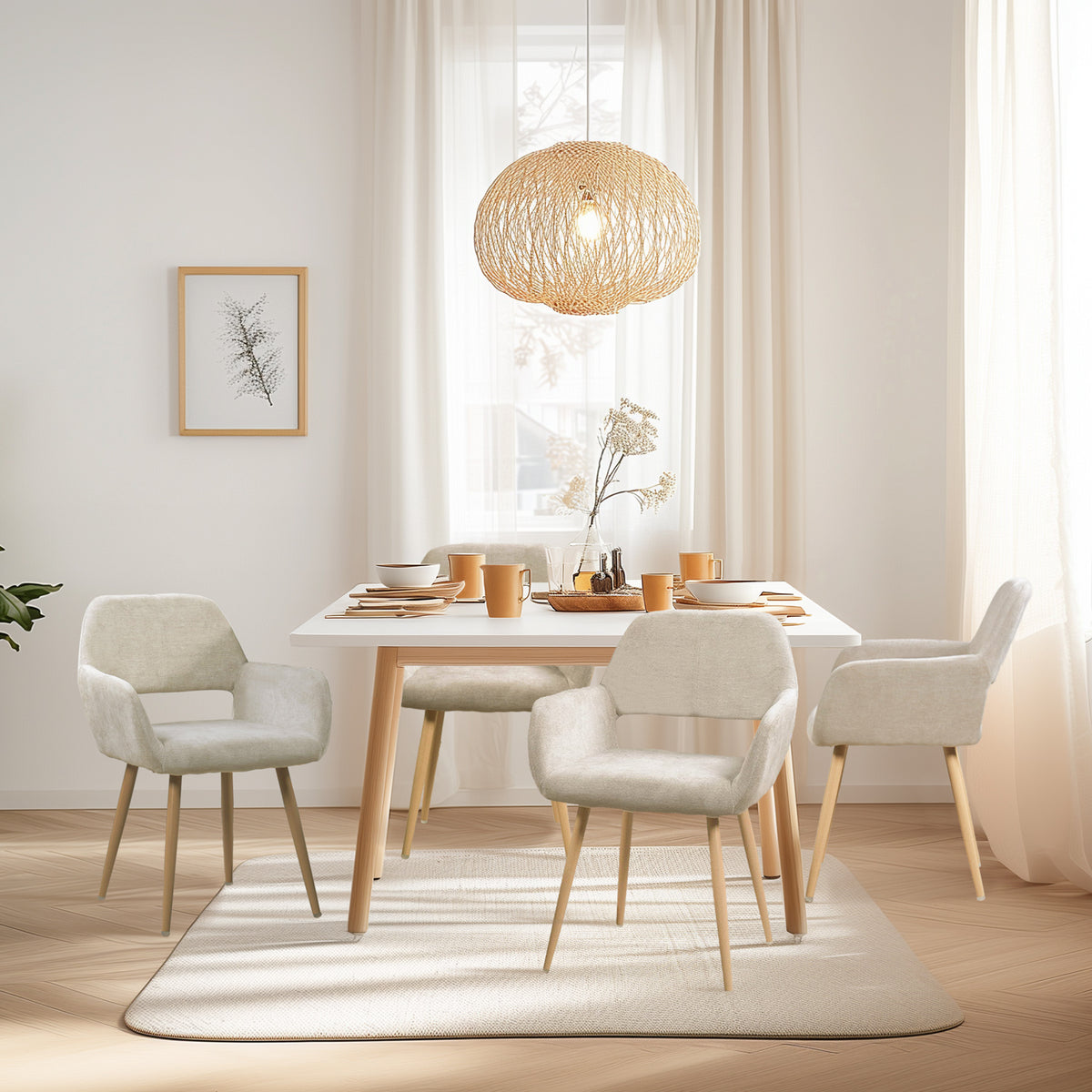 Cromwell - Ensemble de 2 fauteuils de salle à manger scandinaves avec accoudoirs en tissu beige et pieds imitation chêne