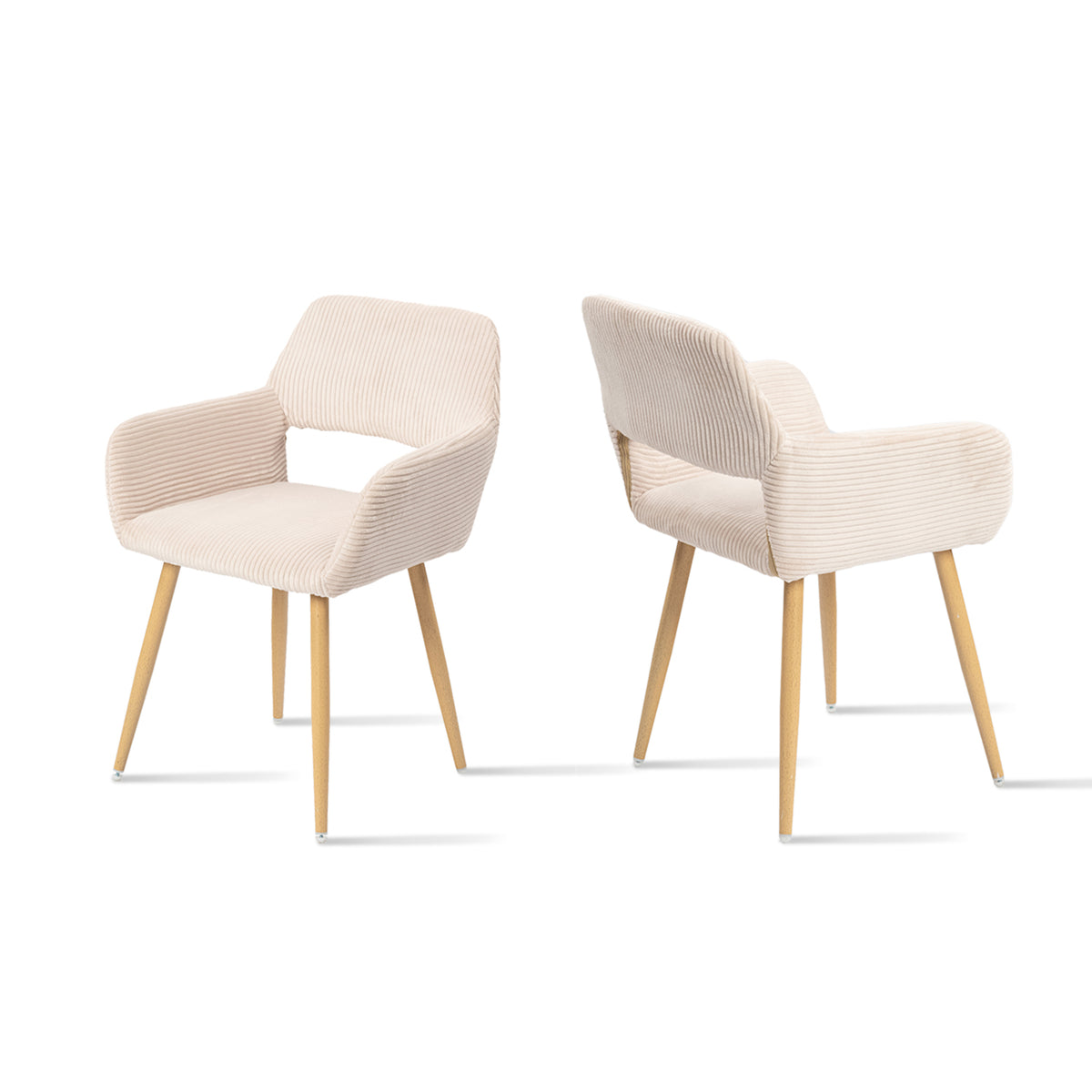 Cromwell - Ensemble de 2 fauteuils de salle à manger scandinaves avec accoudoirs en velours côtelé beige et pieds imitation chêne