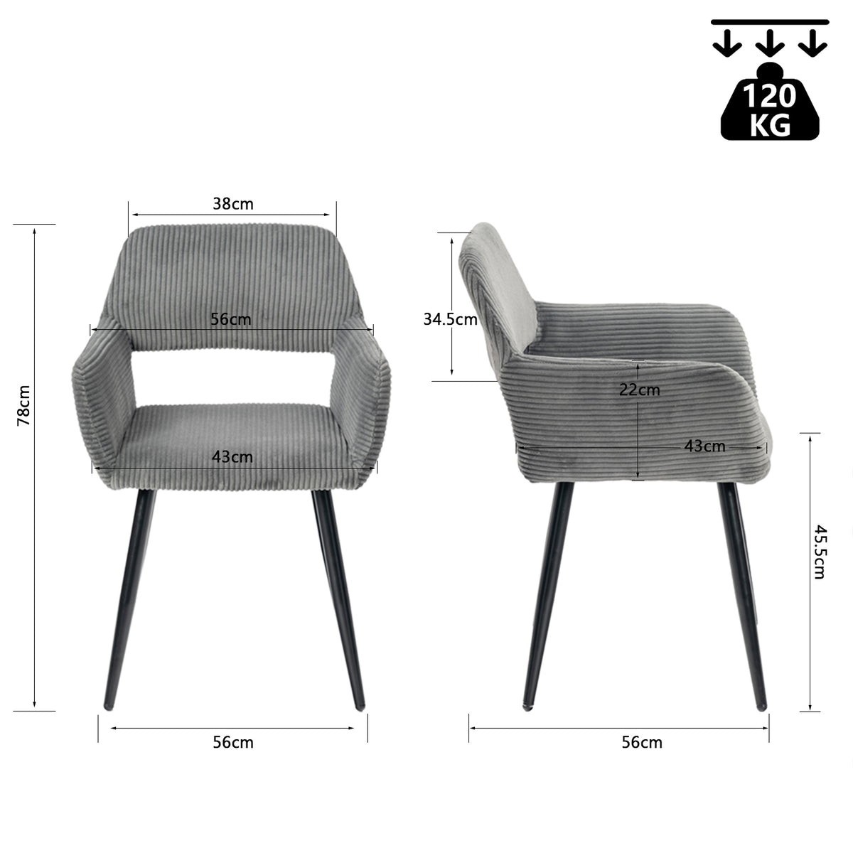 Cromwell - Ensemble de 2 fauteuils de salle à manger scandinaves avec accoudoirs en velours côtelé gris foncé