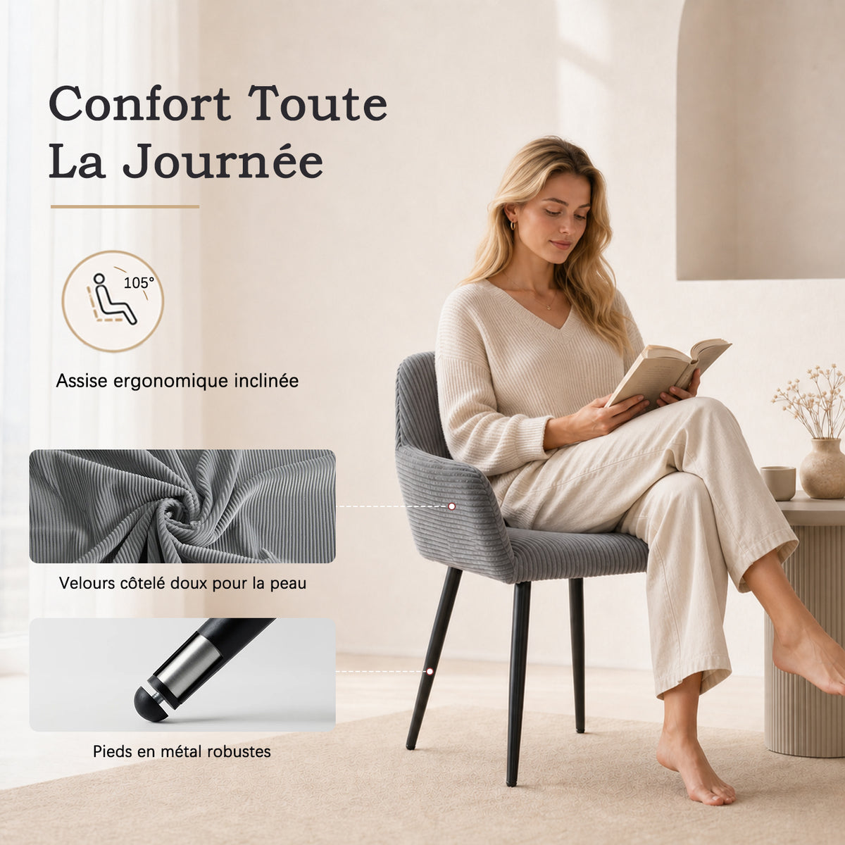 Cromwell - Ensemble de 2 fauteuils de salle à manger scandinaves avec accoudoirs en velours côtelé gris foncé