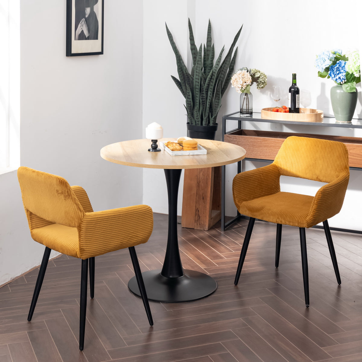 Cromwell - Ensemble de 2 fauteuils de salle à manger scandinaves avec accoudoirs en velours côtelé jaune