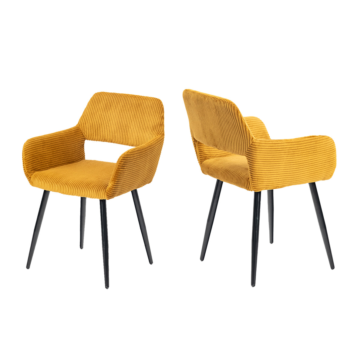 Cromwell - Ensemble de 2 fauteuils de salle à manger scandinaves avec accoudoirs en velours côtelé jaune