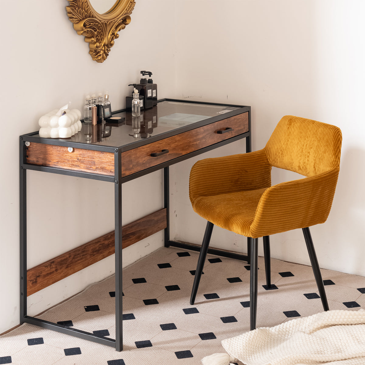 Cromwell - Ensemble de 2 fauteuils de salle à manger scandinaves avec accoudoirs en velours côtelé jaune