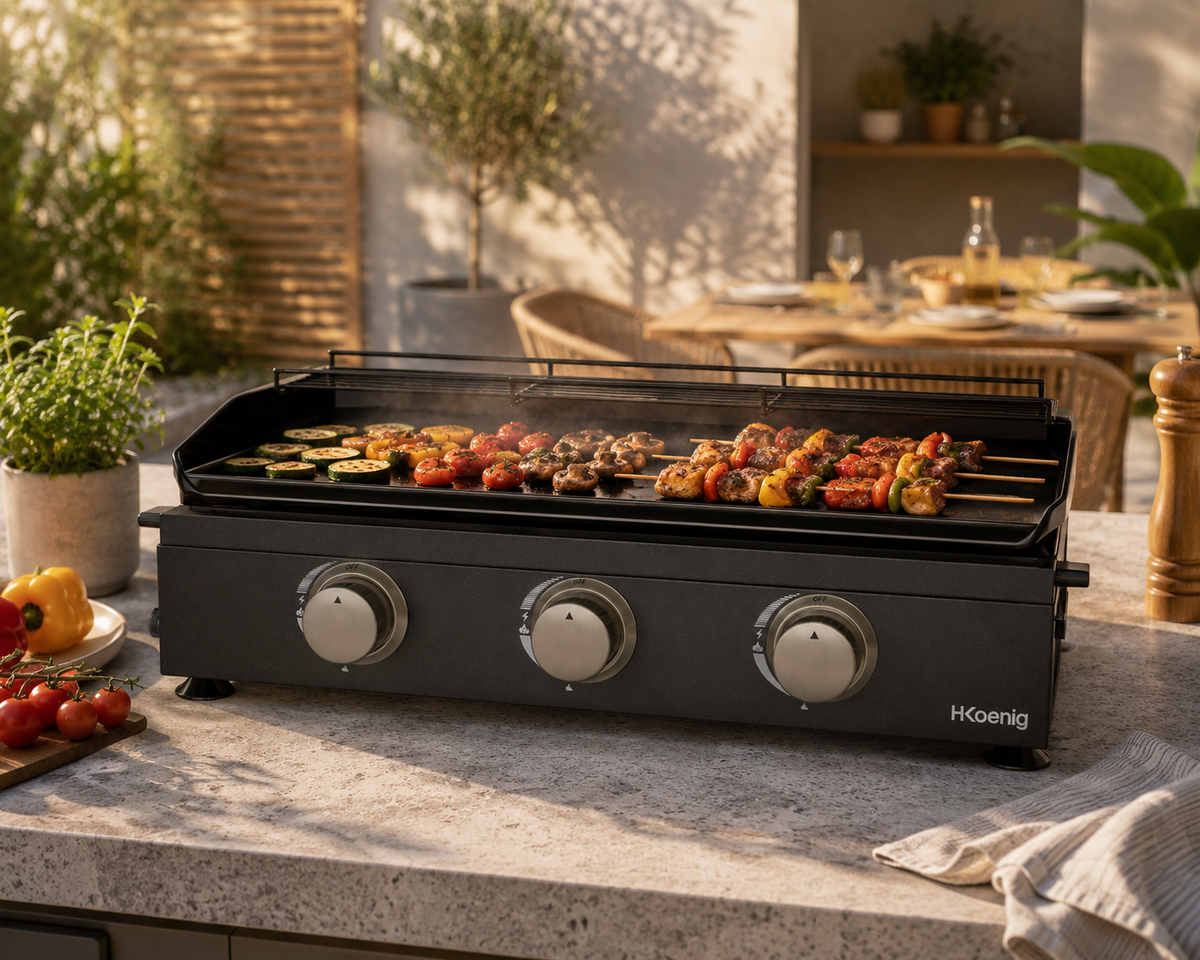 Plancha au gaz 3 brûleurs - surface de cuisson 63,5 x 36 cm - jusqu'à 350 °C - fonte émaillée - noir