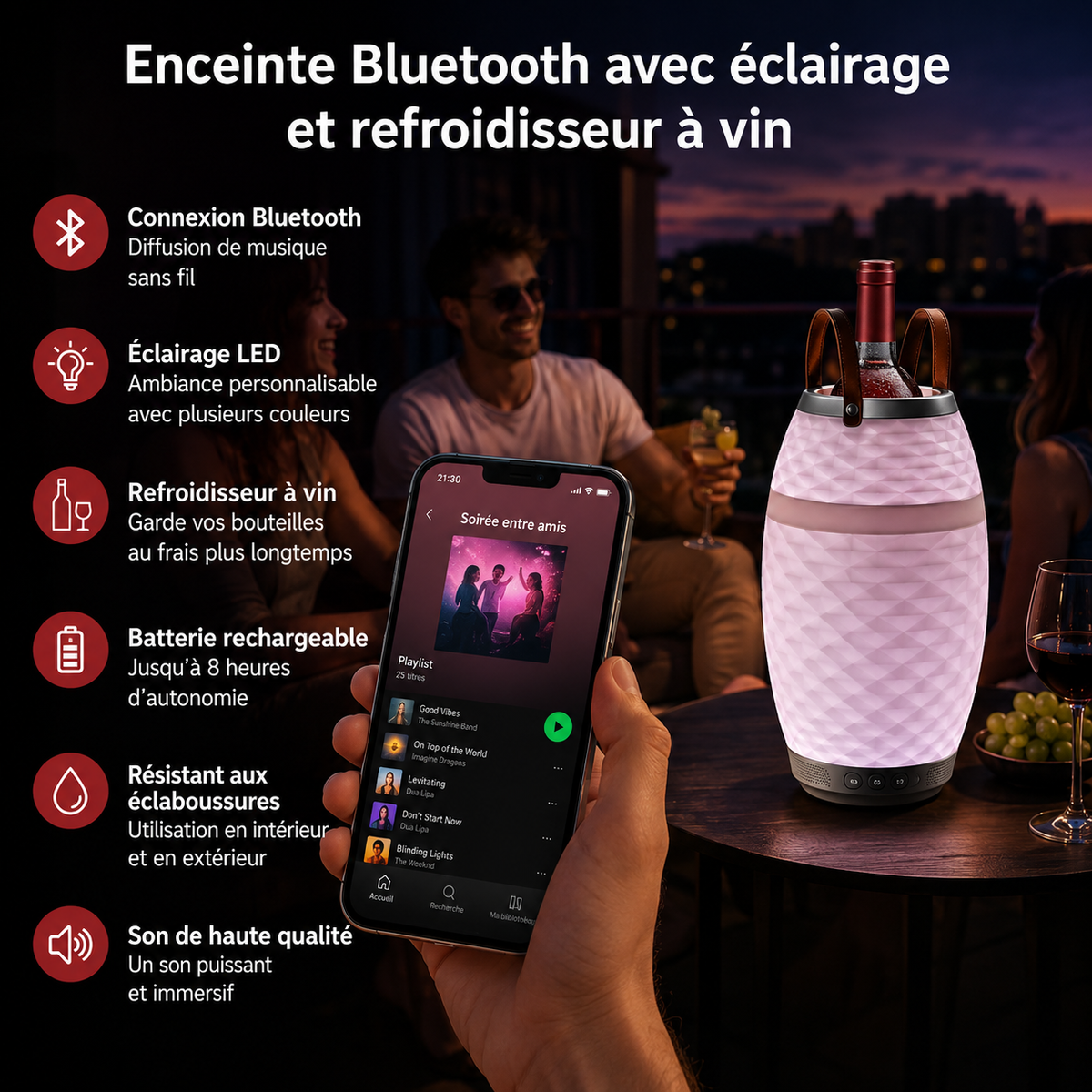 Lampe-enceinte LED sans fil avec refroidisseur à vin intégré Bali XL - Bluetooth - RGB - Blanc