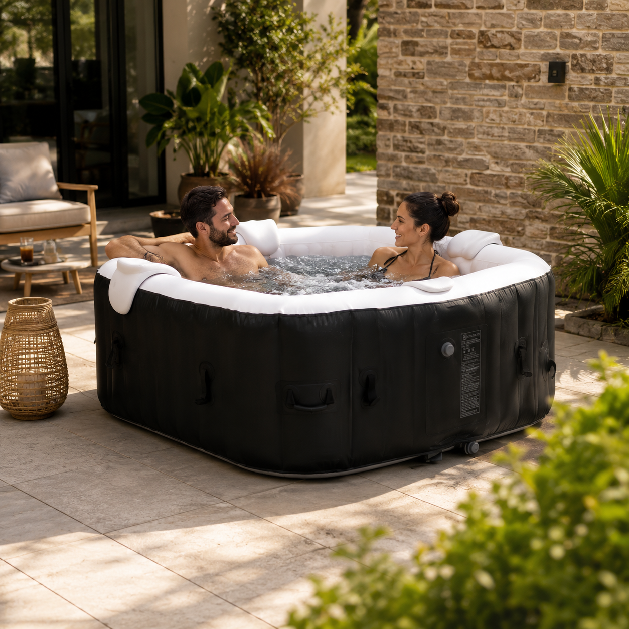 Spa gonflable 6 places carré - Bandeau LED inclus - Dimensions : 185 x 185 cm Filtre et bâche inclus