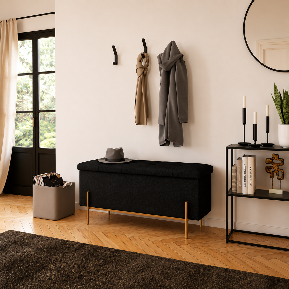 Banc coffre avec pieds dorés Loan en velours noir 100cm