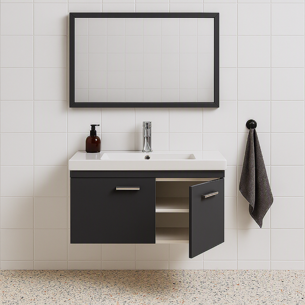 Meuble simple vasque Rubite 2 portes 90 cm + miroir cadre