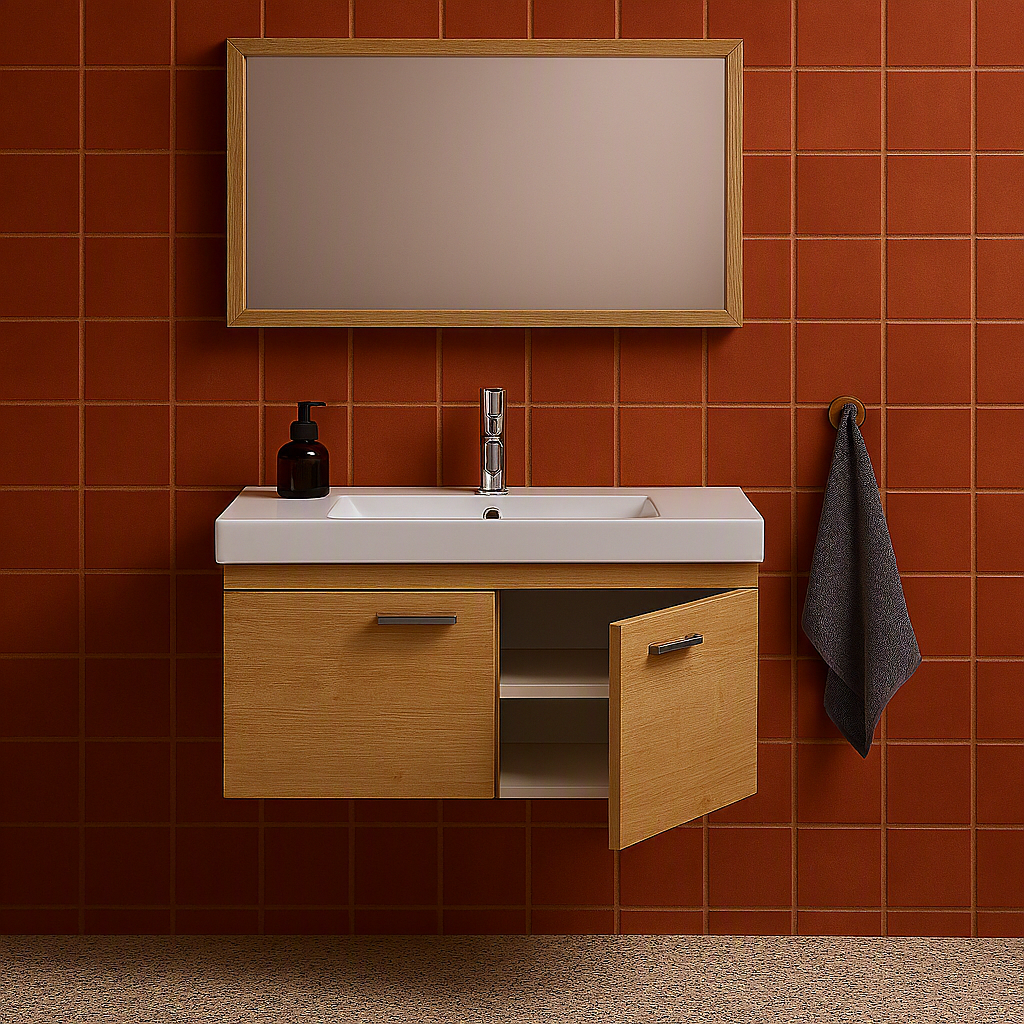 Meuble simple vasque Rubite 2 portes 90 cm + miroir cadre
