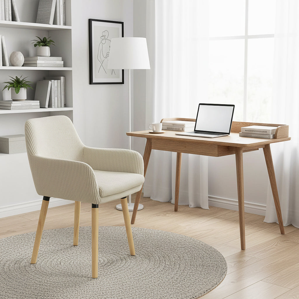 Elia - Ensemble de 2 chaises de salle à manger scandinaves en velours côtelé beige avec accoudoirs et pieds en bois
