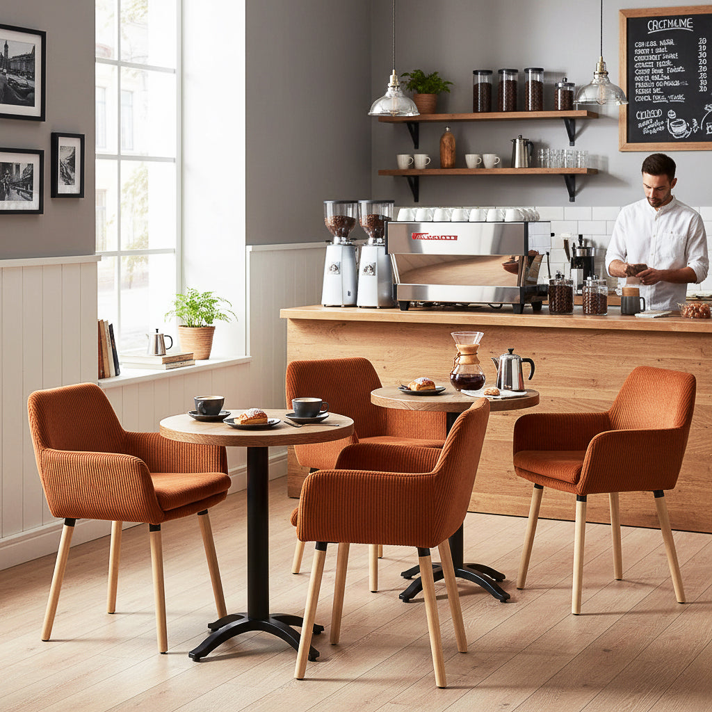 Elia - Ensemble de 2 chaises de salle à manger scandinaves en velours côtelé rouge brique avec accoudoirs et pieds en bois