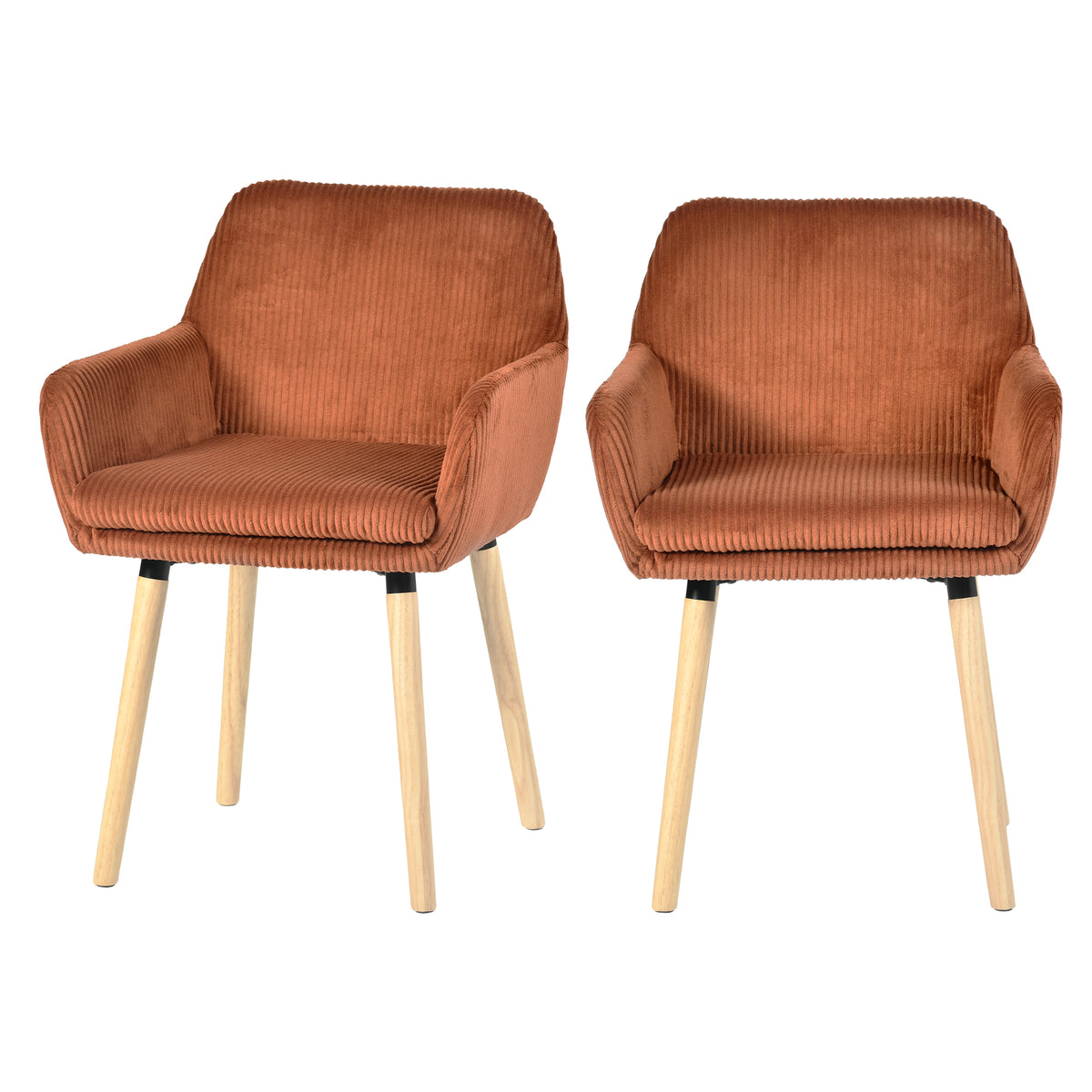 Elia - Ensemble de 2 chaises de salle à manger scandinaves en velours côtelé rouge brique avec accoudoirs et pieds en bois