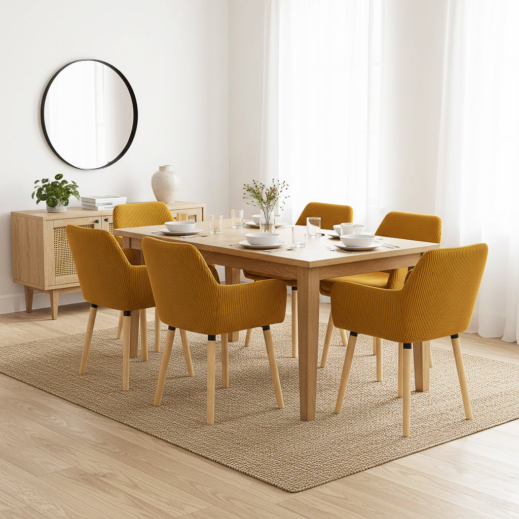 Elia - Ensemble de 2 chaises de salle à manger scandinaves en velours côtelé jaune avec accoudoirs et pieds en bois