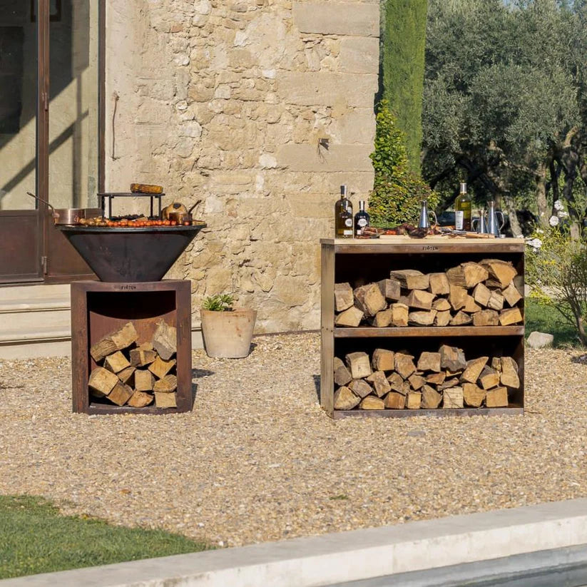 Desserte en acier corten avec planche hêtre 100x65x70 cm