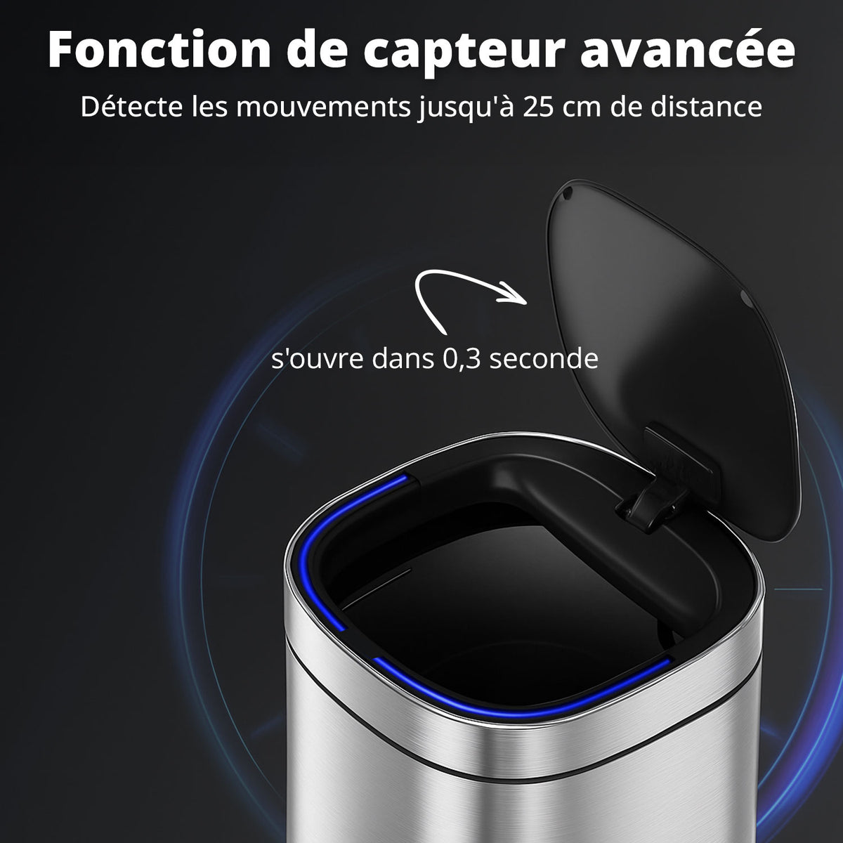 Poubelle Velo avec couvercle à fermeture douce et voyant d'état LED 50 litres Argent