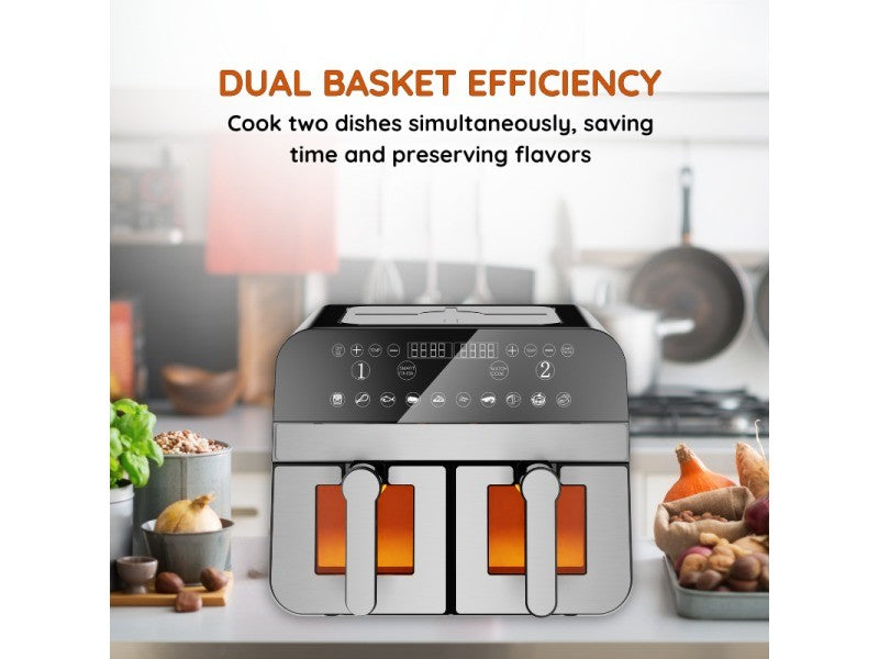 Friteuse à air numérique double panier 2400W Acier Inoxydable avec fenêtre 9L