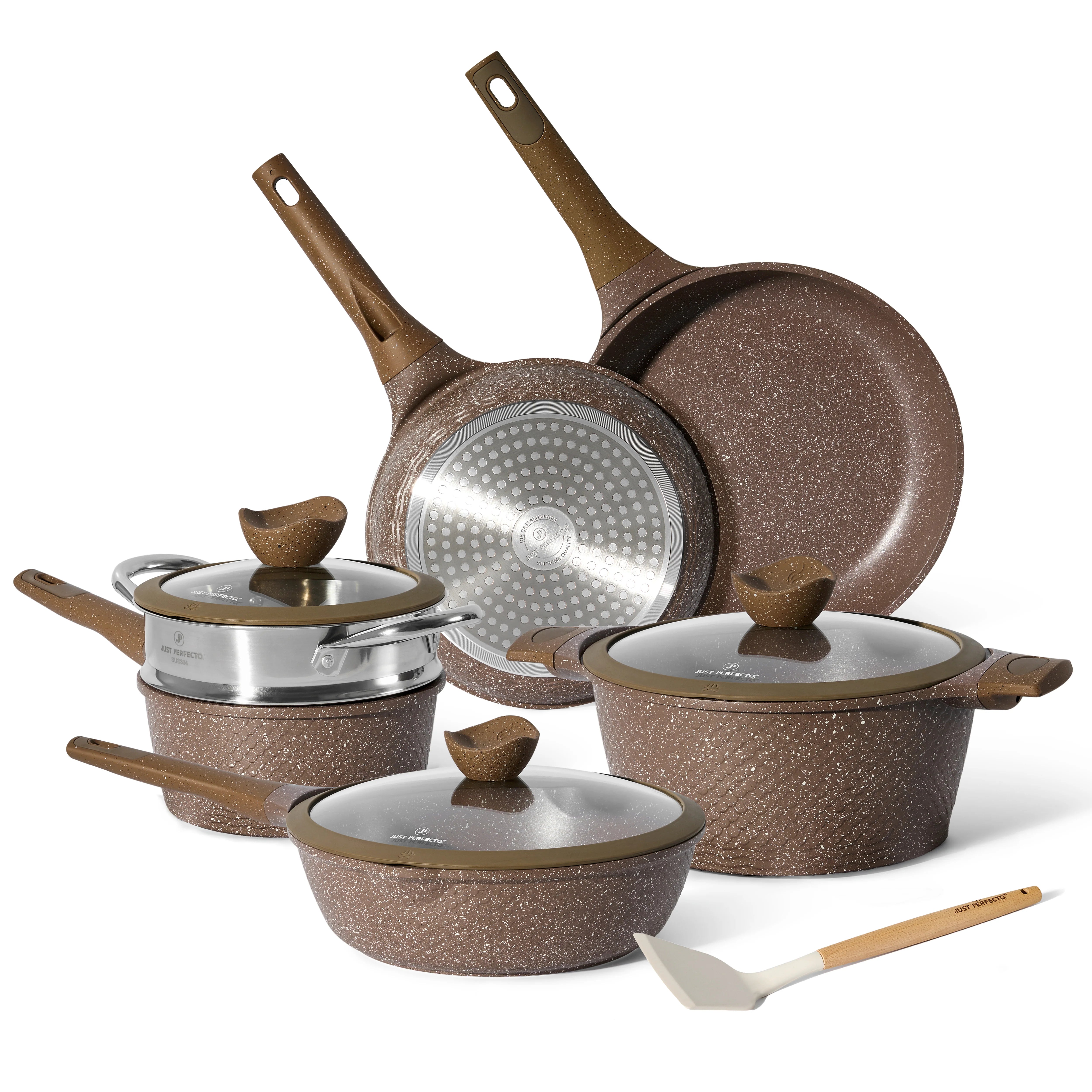 Batterie de Cuisine 14 pièces avec cuisseur à vapeur Antiadhésives en Granit marron- Tous feux dont induction