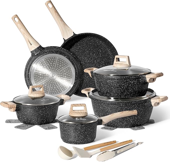 Batterie de Cuisine 15 pièces antiadhésives en Granit noir - Tous feux dont induction