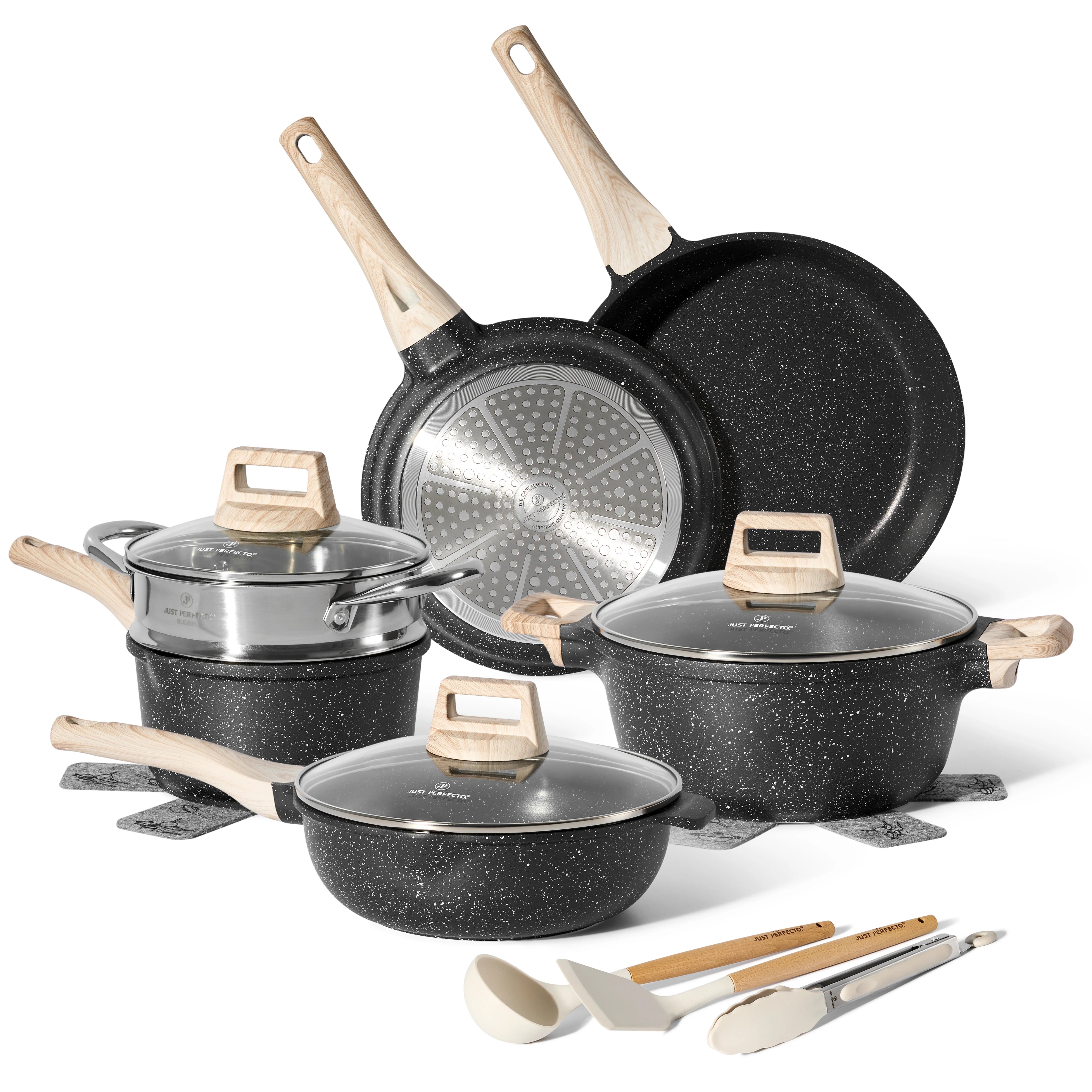 Batterie de Cuisine 14 pièces avec cuisseur à vapeur Antiadhésives en Granit noir- Tous feux dont induction
