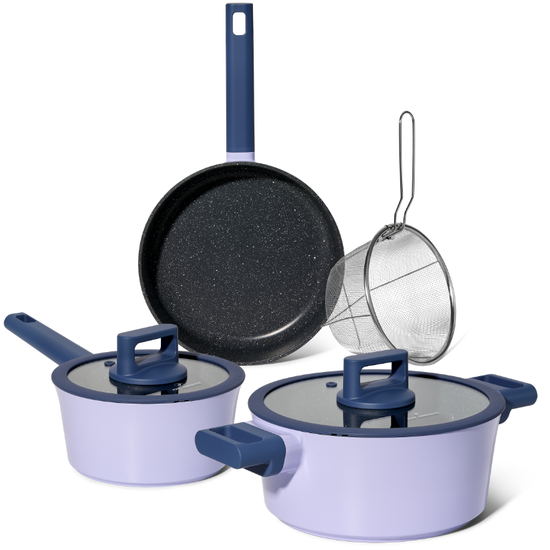 Batterie de cuisine 6 pièces à revêtement marbré avec couvercles tous feux dont induction Violet