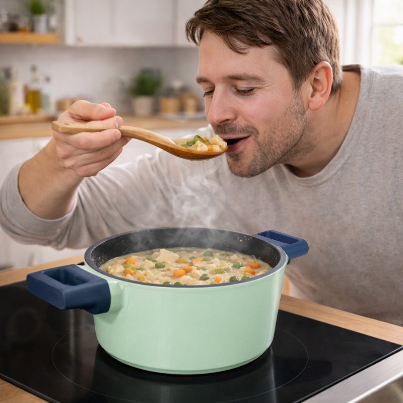 Batterie de cuisine 6 pièces à revêtement marbré avec couvercles tous feux dont induction Vert