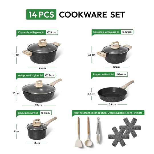 Batterie de Cuisine 14 pièces avec cuisseur à vapeur Antiadhésives en Granit noir- Tous feux dont induction