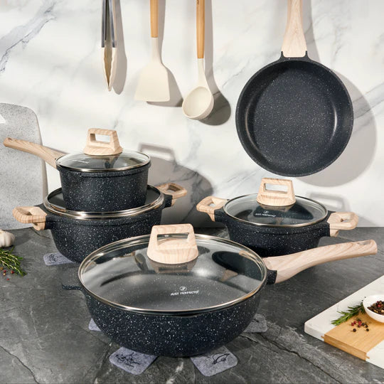 Batterie de Cuisine 14 pièces avec cuisseur à vapeur Antiadhésives en Granit noir- Tous feux dont induction