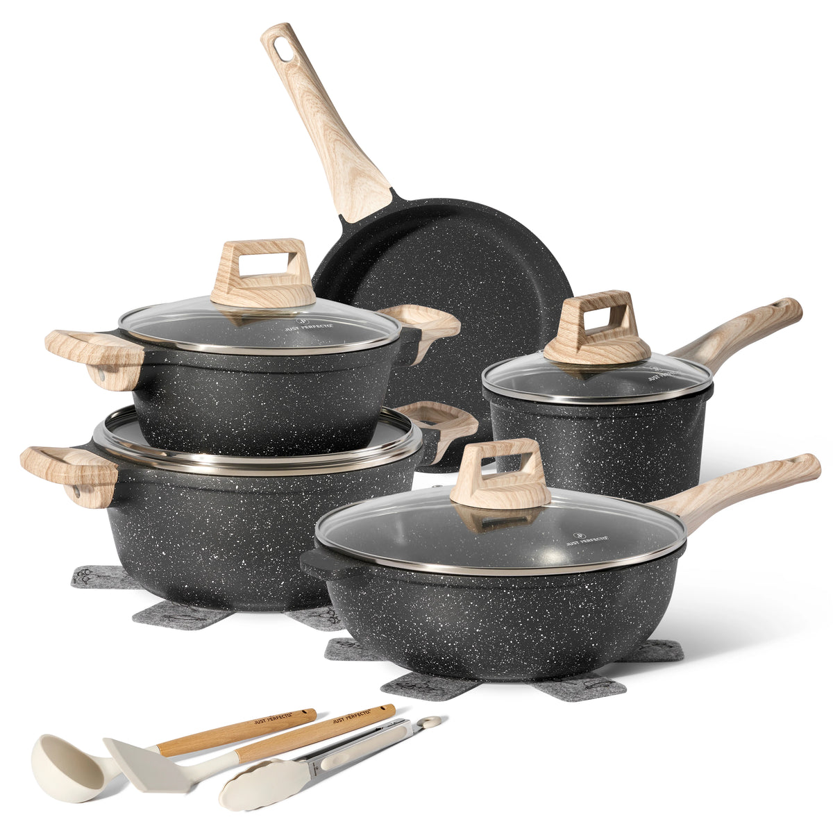 Batterie de Cuisine 14 pièces avec cuisseur à vapeur Antiadhésives en Granit noir- Tous feux dont induction